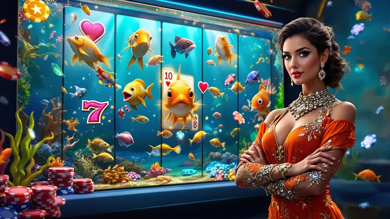 ภาพหน้าจอเกมสล็อตพร้อมรีลและสัญลักษณ์สีสันสดใส